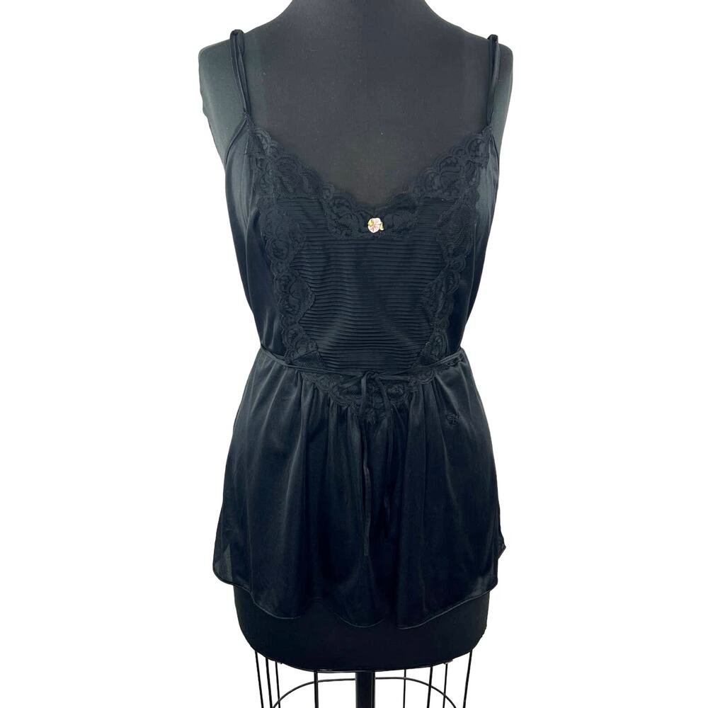 VINTAGE DVF Diane Von Furstenberg Black Nylon V-Neck Lace Tie Lingerie Nightie M